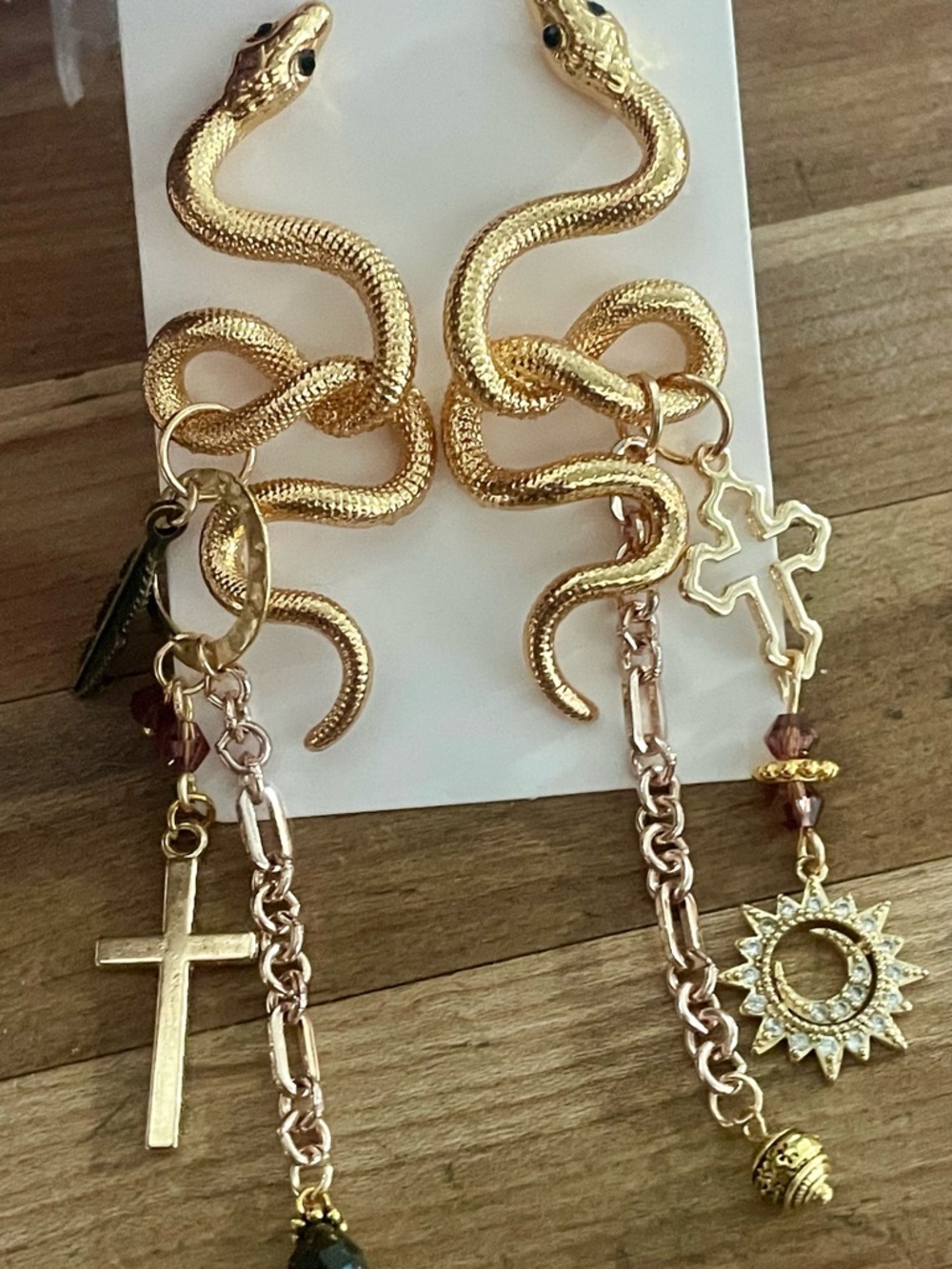 Hand Crafted Gold Snake Dangle Earrings with Cross & Sun Charms - Picture 7 of 7